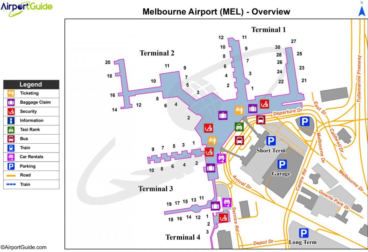 zemljevid letališča Melbourne terminali