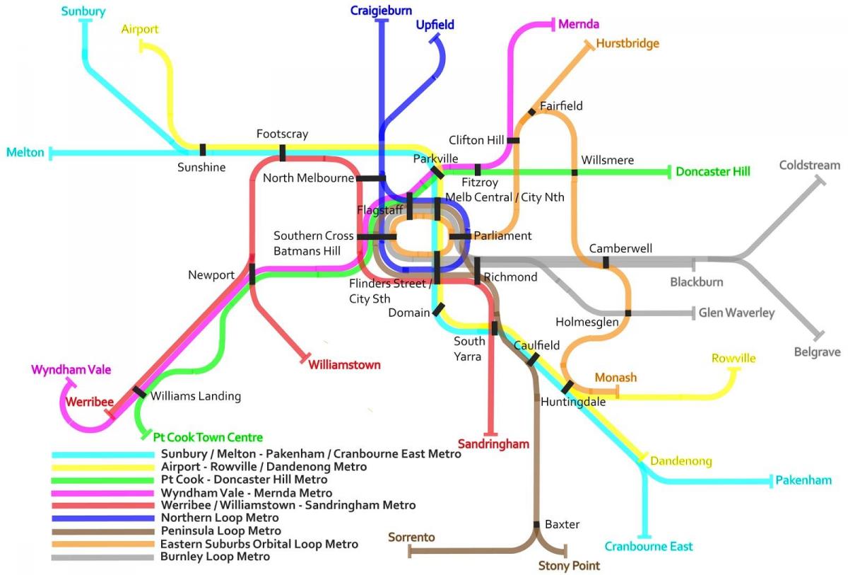 podzemna železnica vlak zemljevid Melbourne