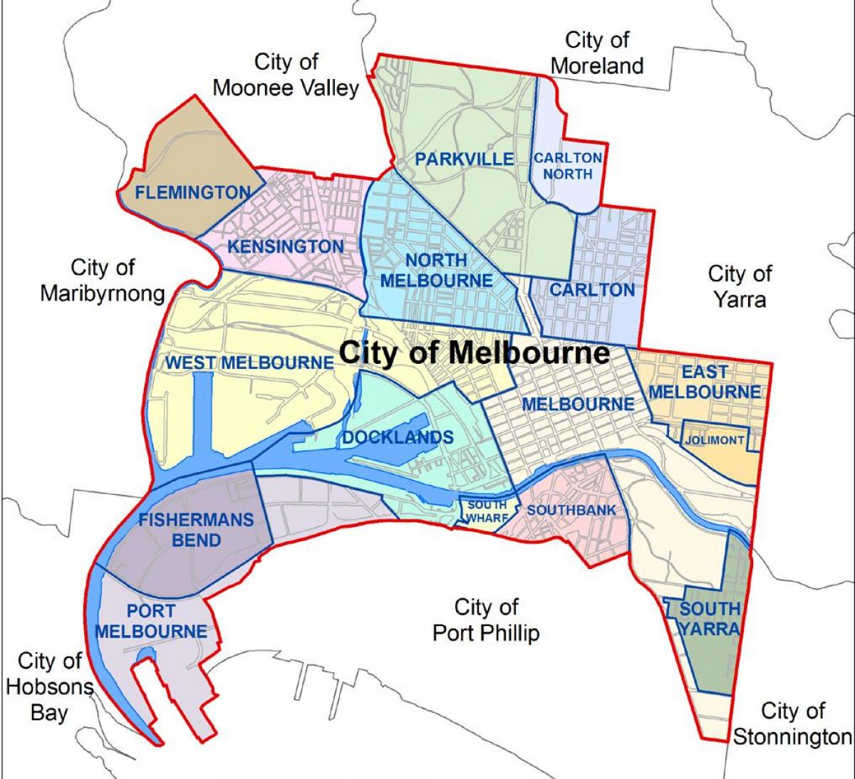 zemljevid Melbournu in okolici predmestje
