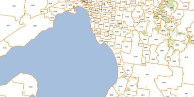 Zemljevid Melbourne poštne številke